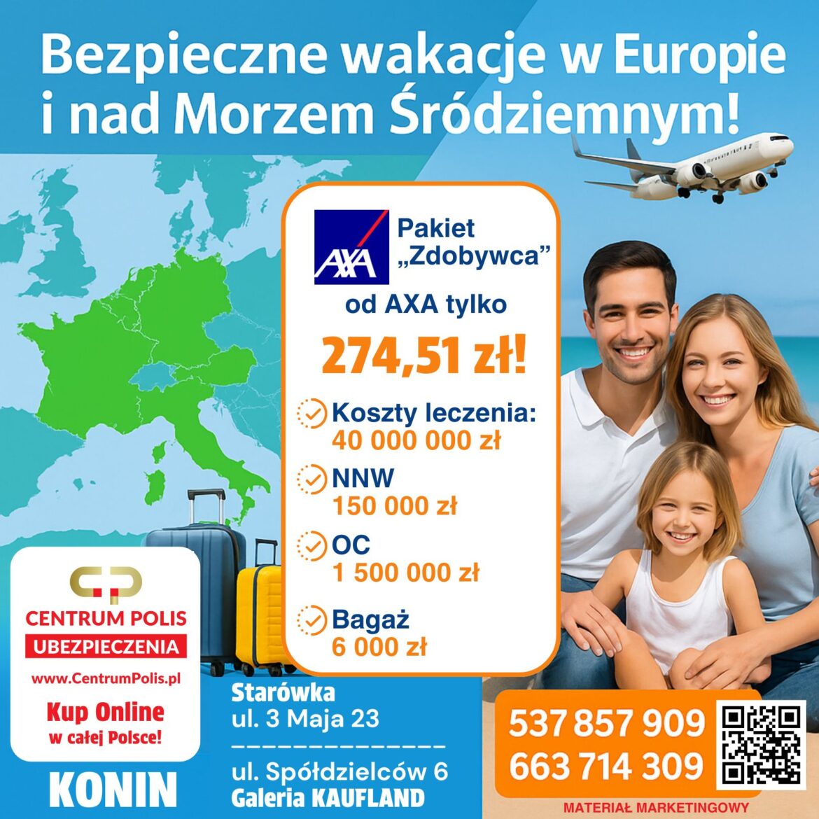 Bezpieczne wakacje w Europie i nad Morzem Śródźiemnym Podróżuj bezpiecznie po Europie i nad Morze Śródziemne – ubezpieczenie AXA dostępne w Centrum Polis Konin