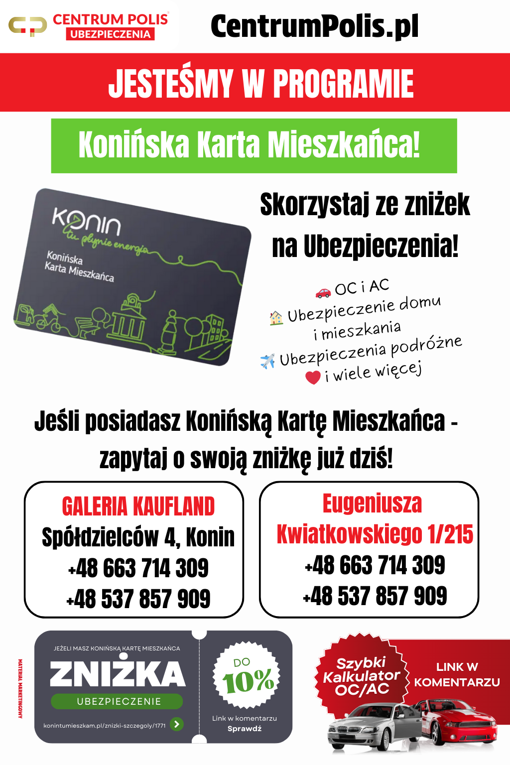 Konińska Karta Mieszkańca - zyskaj do 10% zniżki na ubezpieczenia w Centrum Polis w Koninie